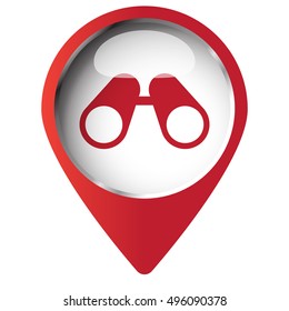 Map pin symbol with Binoculars icon. Red symbol on white background.