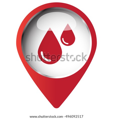 Map pin symbol with Blood icon. Red symbol on white background.