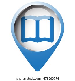 Map pin symbol with Book icon. Blue symbol on white background.