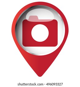 Map pin symbol with Camera icon. Red symbol on white background.