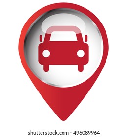 Map pin symbol with Car icon. Red symbol on white background.