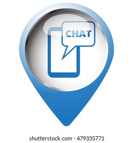 Map pin symbol with Chat icon. Blue symbol on white background.