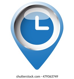 Map pin symbol with Clock icon. Blue symbol on white background.