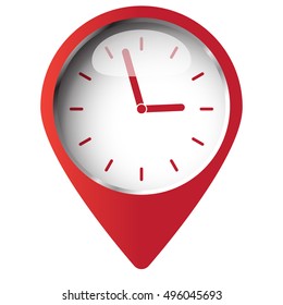 Map pin symbol with Clock icon. Red symbol on white background.