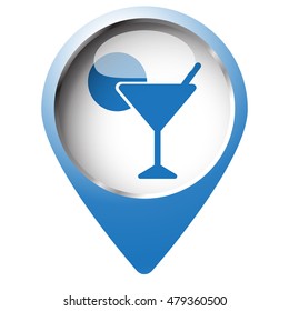 Map pin symbol with Cocktail icon. Blue symbol on white background.