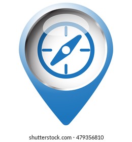 Map pin symbol with Compass icon. Blue symbol on white background.