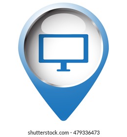 Map pin symbol with Computer Screen icon. Blue symbol on white background.