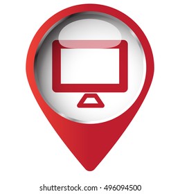 Map pin symbol with Computer Screen icon. Red symbol on white background.