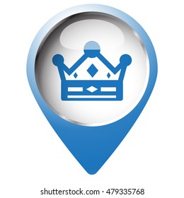 Map pin symbol with Crown icon. Blue symbol on white background.