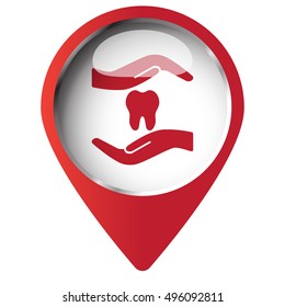 Map pin symbol with Dental Care icon. Red symbol on white background.