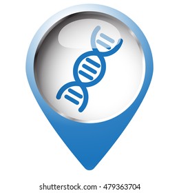 Map pin symbol with Dna icon. Blue symbol on white background.