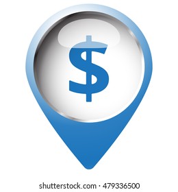 Map pin symbol with Dollar icon. Blue symbol on white background.