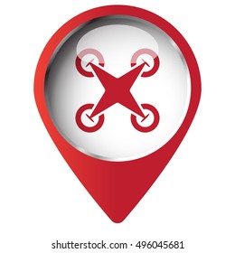 Map pin symbol with Drone Quadcopter icon. Red symbol on white background.