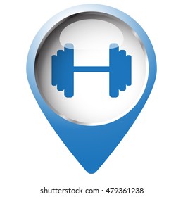 Map pin symbol with Dumbbell icon. Blue symbol on white background.