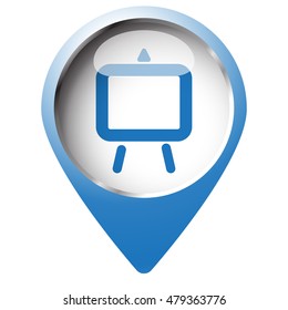 Map pin symbol with Easel icon. Blue symbol on white background.