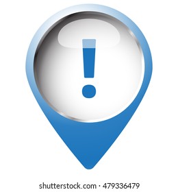 Map pin symbol with Exclamation Mark icon. Blue symbol on white background.
