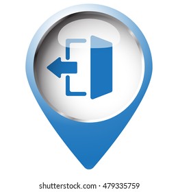 Map pin symbol with Exit icon. Blue symbol on white background.
