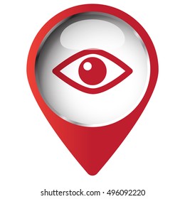 Map pin symbol with Eye icon. Red symbol on white background.