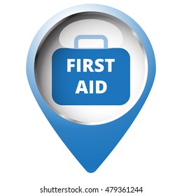 Map pin symbol with First Aid Kit icon. Blue symbol on white background.
