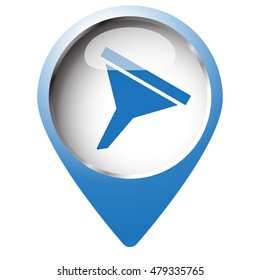 Map pin symbol with Funnel icon. Blue symbol on white background.