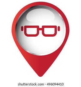 Map pin symbol with Glasses icon. Red symbol on white background.