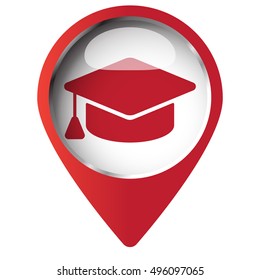 Map pin symbol with Graduation Cap icon. Red symbol on white background.