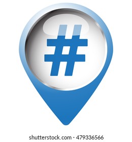 Map pin symbol with Hashtag icon. Blue symbol on white background.