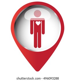 Map pin symbol with Heart icon. Red symbol on white background.