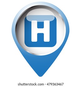 Map pin symbol with Helicopter Platform icon. Blue symbol on white background.