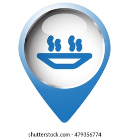 Map pin symbol with Hot Meal icon. Blue symbol on white background.