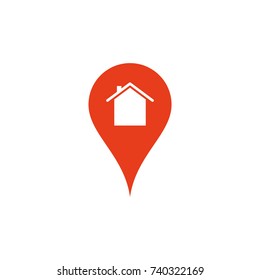 Map pin symbol with house icon, home location.