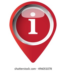 Map pin symbol with Information icon. Red symbol on white background.