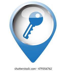 Map pin symbol with Key icon. Blue symbol on white background.