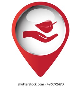 Map pin symbol with Leaf In Hand icon. Red symbol on white background.