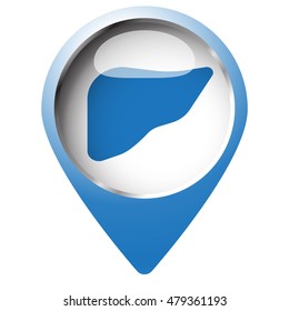 Map pin symbol with Liver icon. Blue symbol on white background.
