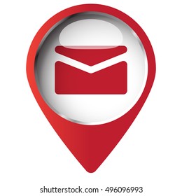 Map pin symbol with Mail icon. Red symbol on white background.