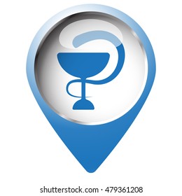 Map pin symbol with Medical  icon. Blue symbol on white background.