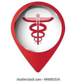Map pin symbol with Medical Symbol icon. Red symbol on white background.