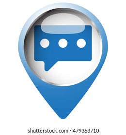 Map pin symbol with Message icon. Blue symbol on white background.