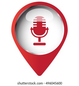 Map pin symbol with Microphone icon. Red symbol on white background.