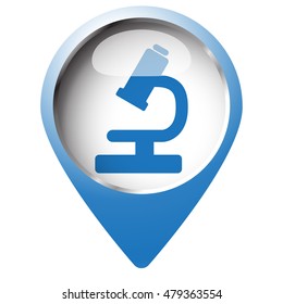 Map pin symbol with Microscope icon. Blue symbol on white background.