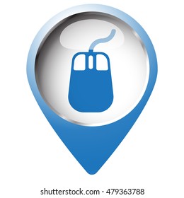 Map pin symbol with Mouse icon. Blue symbol on white background.