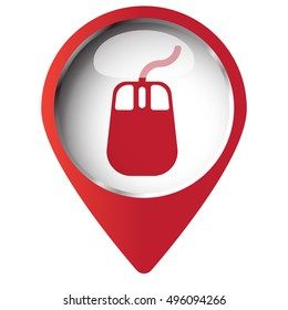 Map pin symbol with Mouse icon. Red symbol on white background.
