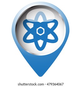 Map pin symbol with Nuclear icon. Blue symbol on white background.