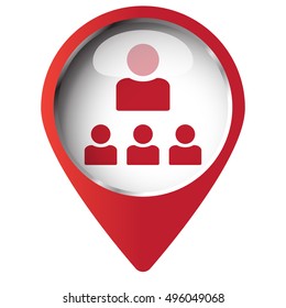 Map pin symbol with Organization icon. Red symbol on white background.