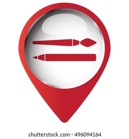 Map pin symbol with Paintbrush icon. Red symbol on white background.