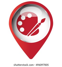 Map pin symbol with Palette icon. Red symbol on white background.