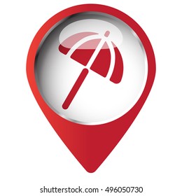 Map pin symbol with Parasol icon. Red symbol on white background.