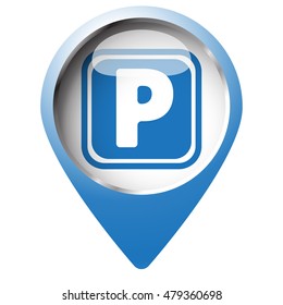 Map pin symbol with Parking icon. Blue symbol on white background.