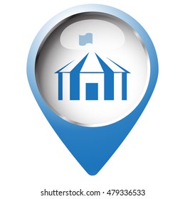 Map pin symbol with Party Tent icon. Blue symbol on white background.